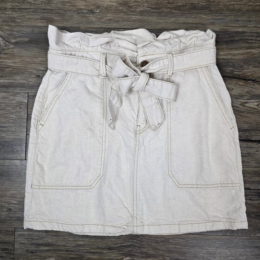 Free People Cream Denim Paperbag Waist Skirt 6 Tie Belt Western